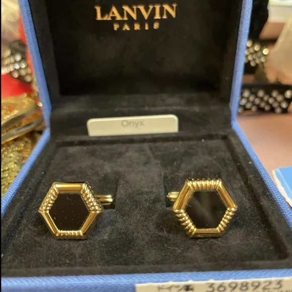 NEW Vintage Lanvin OnyxGold tone Hexagon Cufflinks
